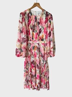 Elie Tahari Pink Multi Floral Pleated Long-Sleeve Midi Dress